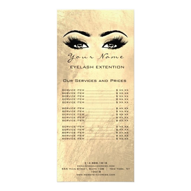 Price List Lashes Extension Makeup Artist Golden Rack Card (Front)