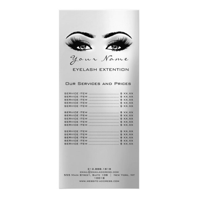 Price List Lashes Extension Makeup Artist Grey Rack Card (Front)