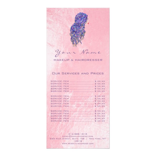 Price List Lashes Hairdresser Makeup Mermaid Pink Rack Card (Back)
