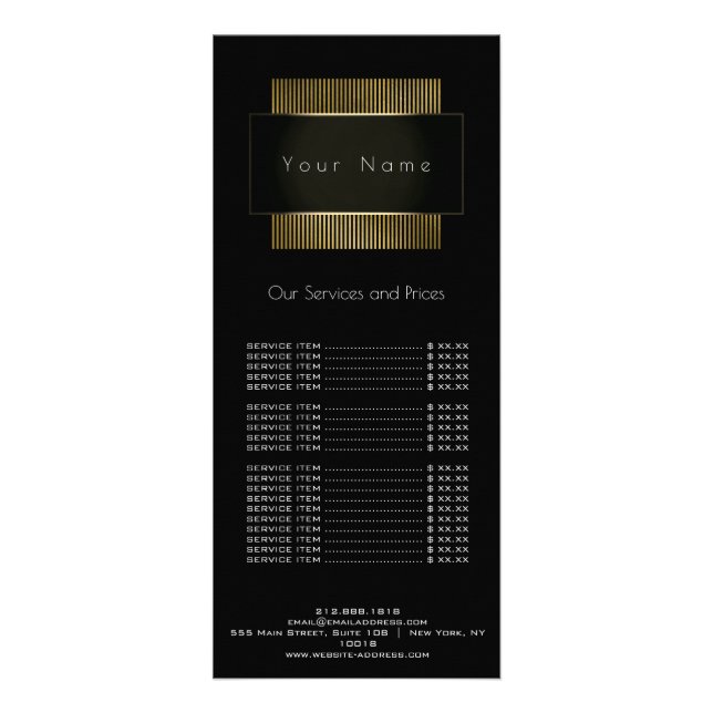 Price List Minimal Gold Black White Elegant Rack Card (Front)