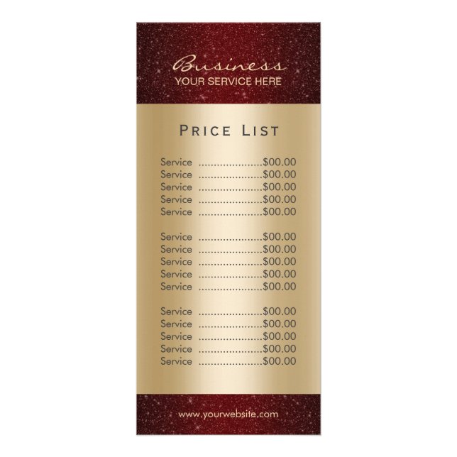 Price List | Modern Red & Gold Beauty Salon Spa Rack Card (Front)