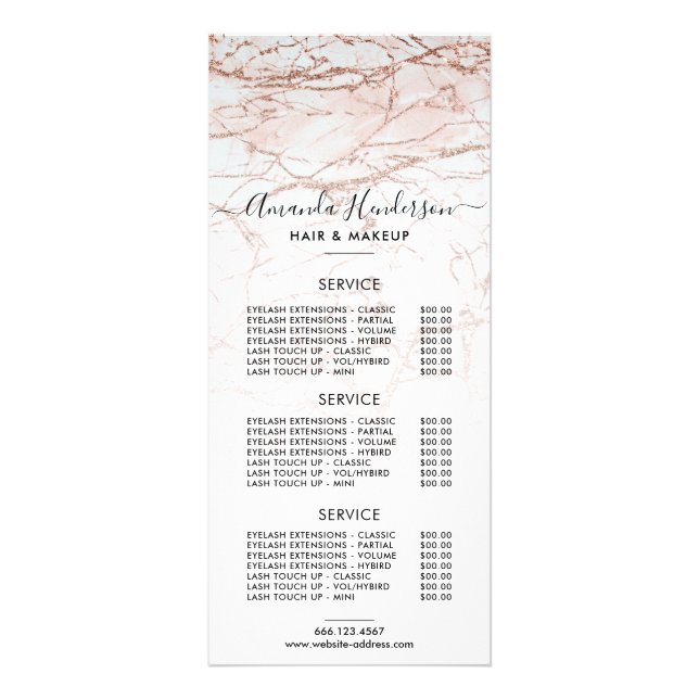 Price List Rose Gold Salon Rack Card (Front)