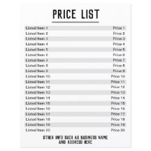 Price List. Up to 20 items & Prices. Single-Sided
