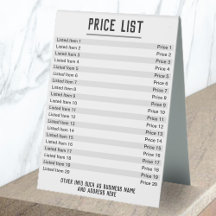 Price List. Up to 40 items & Prices. Double-Sided