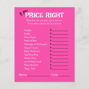 Price Right Baby Shower Game Paper Sheet