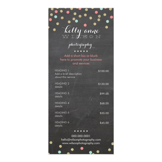 PRICE SERVICES LIST confetti glitter pattern coral Rack Card (Front)