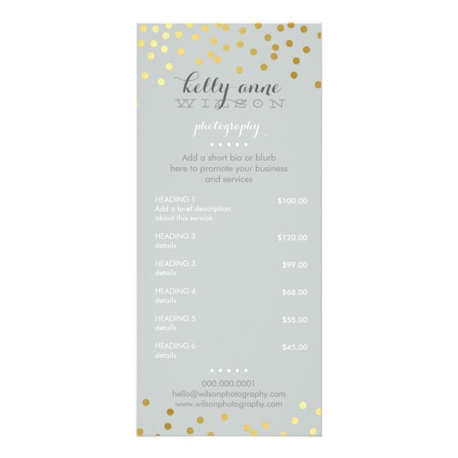 PRICE SERVICES LIST gold confetti pattern grey Rack Card (Front)
