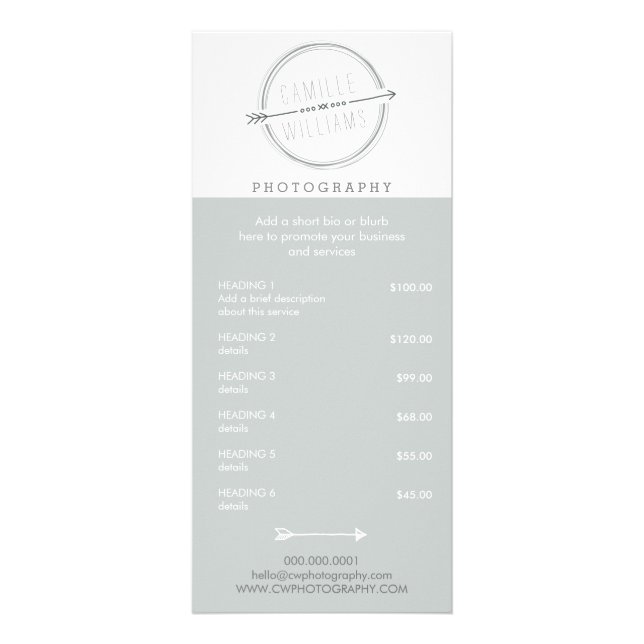 PRICE SERVICES LIST modern arrow logo rustic grey Rack Card (Front)