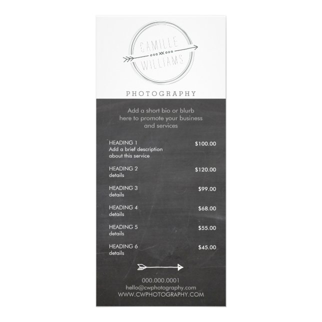 PRICE SERVICES LIST modern arrow logo rustic grey Rack Card (Front)