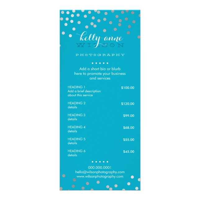 PRICE SERVICES LIST silver confetti pattern aqua Rack Card (Front)