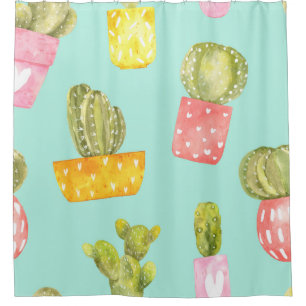 Prickly cacti in pots, watercolor pattern.