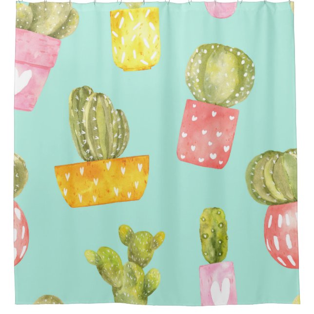 Prickly cacti in pots, watercolor pattern. (Front)