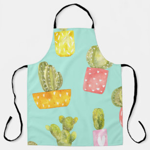 Prickly cacti in pots, watercolor pattern. apron
