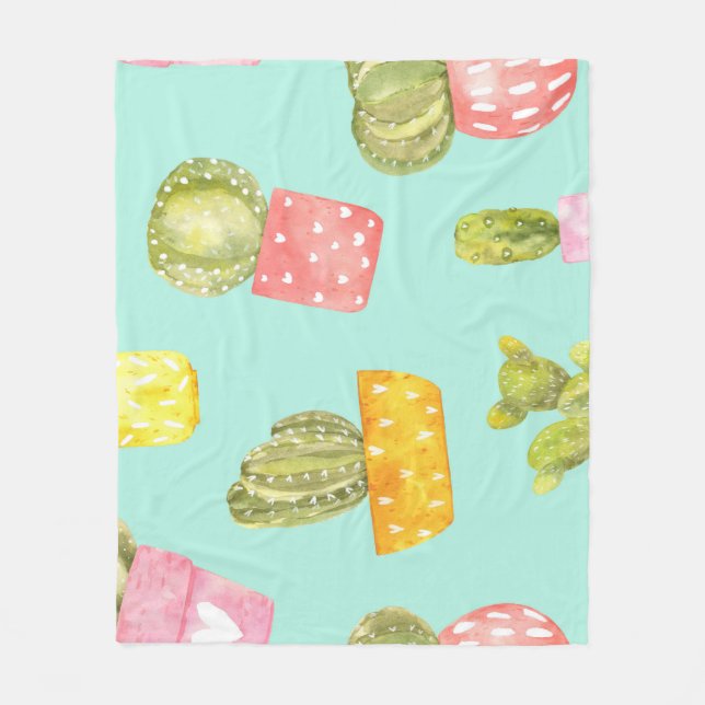 Prickly cacti in pots, watercolor pattern. fleece blanket (Front)