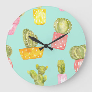Prickly cacti in pots, watercolor pattern. large clock