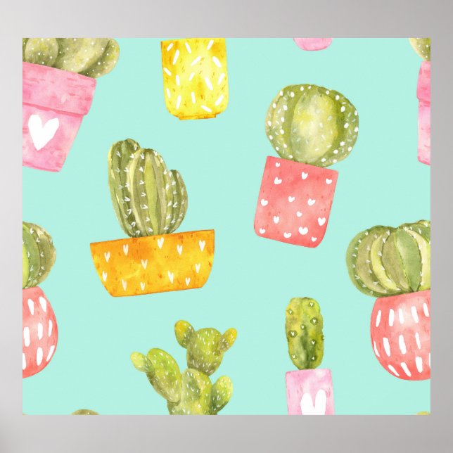 Prickly cacti in pots, watercolor pattern. poster (Front)