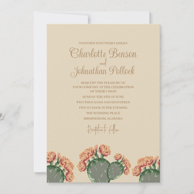 Prickly Pear Cactus Flowers Elegant Cactus Wedding Invitation (Front)