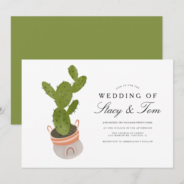 Prickly Pear Cactus Hand Drawn Wedding  Invitation (Front/Back)