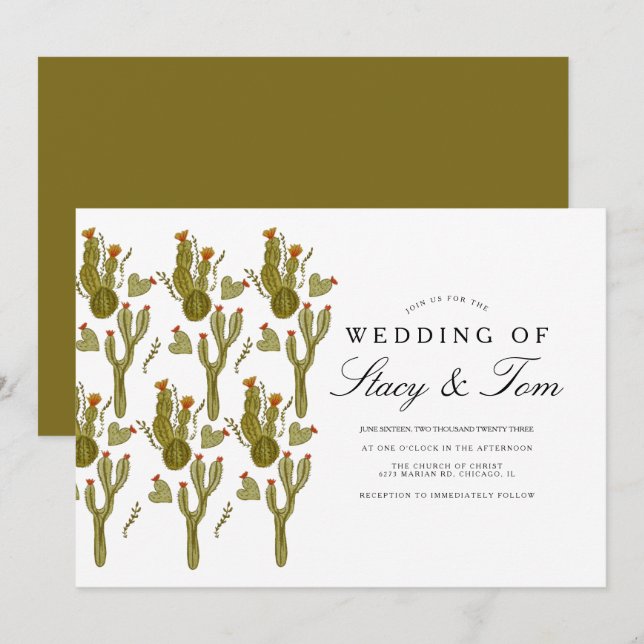 Prickly Pear Cactus Hand Painted Greenery Wedding Invitation (Front/Back)