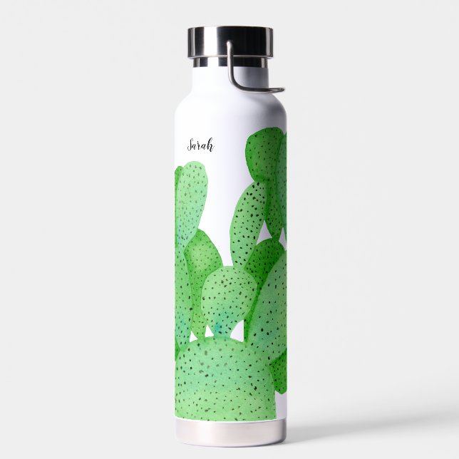 Prickly Pear Cactus Script Personalized Water Bottle (Left)