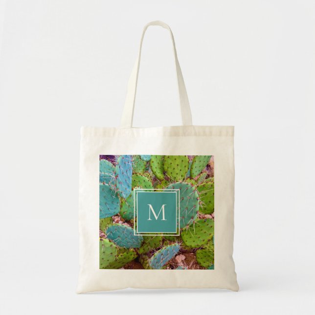 Prickly Pear Cactus Trendy Desert Monogram Tote Bag (Front)
