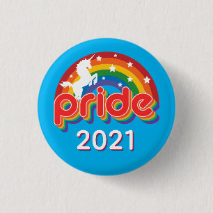 Pride 2022 LGTBQ+ with Retro Rainbow and Unicorn 1 Inch Round Button