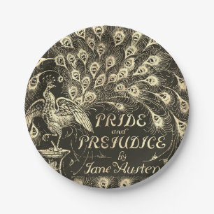 Pride and Prejudice Beige Gold Peacock Book Cover Paper Plate