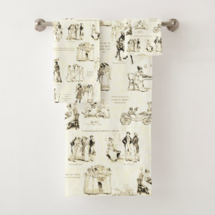 Pride and Prejudice Beige Sepia Toile Quotes Bath Towel Set
