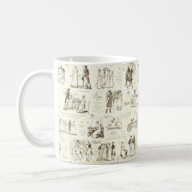 Pride and Prejudice Beige Sepia Toile Quotes Coffee Mug (Left)