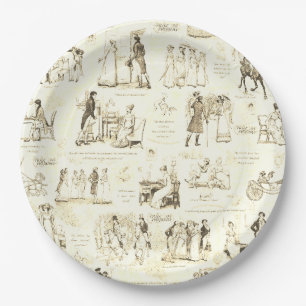 Pride and Prejudice Beige Toile Quote Illustration Paper Plate