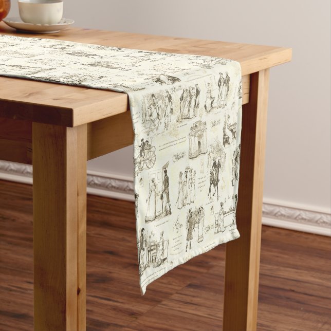 Pride and Prejudice Beige Toile Quote Illustration Short Table Runner (In Situ)