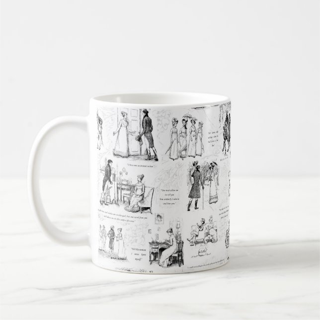 Pride and Prejudice Black White Toile Quotes Coffee Mug (Left)