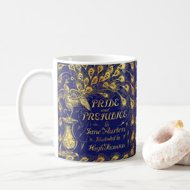 Pride and Prejudice Blue Gold Peacock Book Cover Coffee Mug (With Donut)