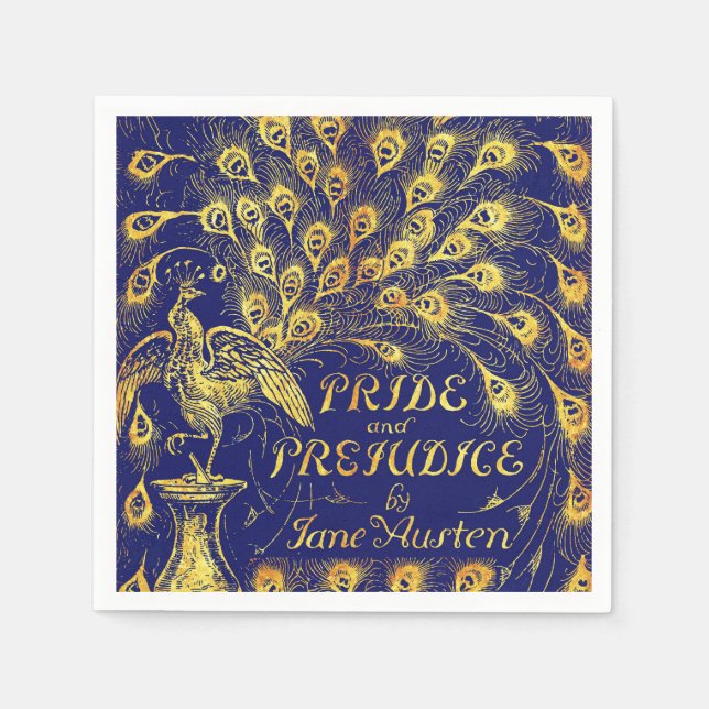 Pride and Prejudice Blue Gold Peacock Book Cover Napkin (Front)
