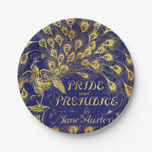 Pride and Prejudice Blue Gold Peacock Book Cover Paper Plate