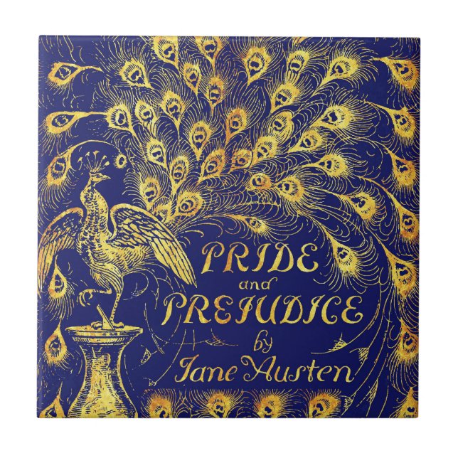 Pride and Prejudice Blue Gold Peacock Book Cover Tile (Front)