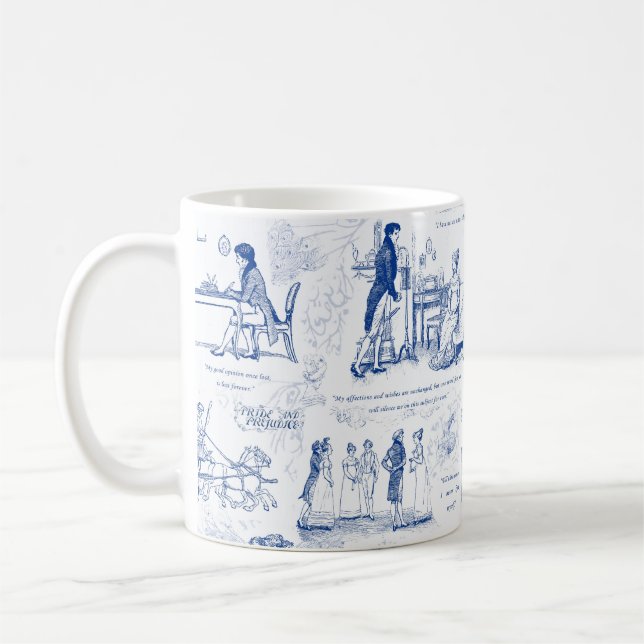 Pride and Prejudice Blue Toile Quotes Coffee Mug (Left)