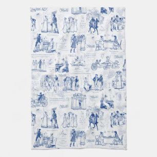 Pride and Prejudice Blue Toile Quotes Illustration Kitchen Towel