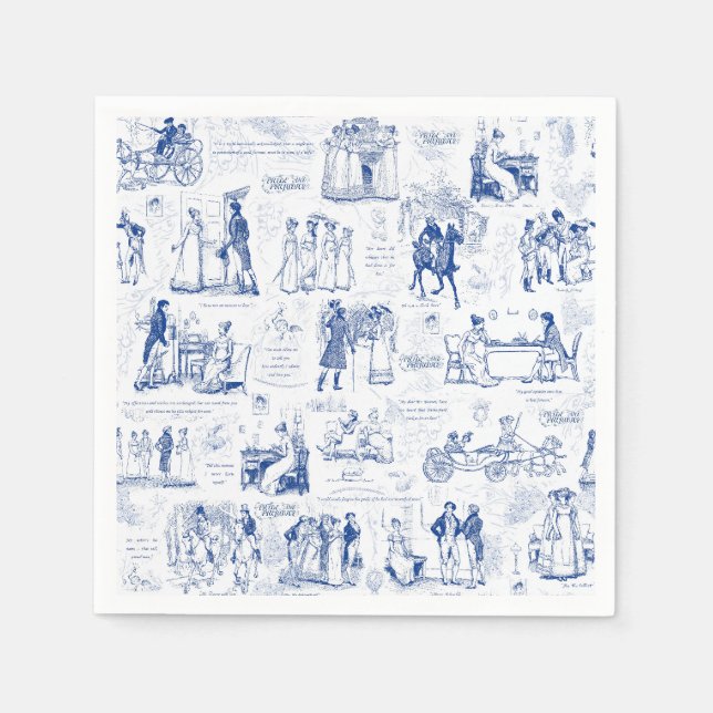 Pride and Prejudice Blue Toile Quotes Illustration Napkin (Front)