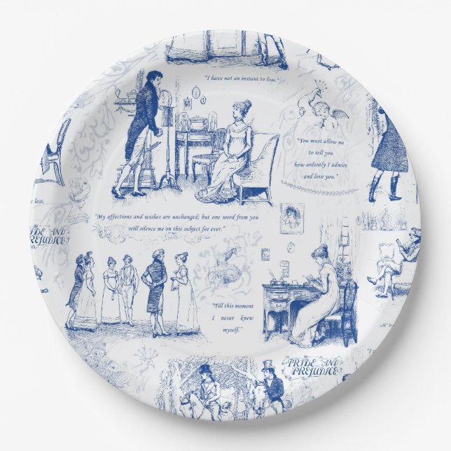 Pride and Prejudice Blue Toile Quotes Illustration Paper Plate (Front)