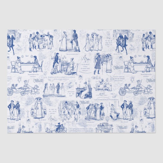 Pride and Prejudice Blue Toile Quotes Illustration Tissue Paper (Front)