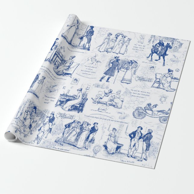 Pride and Prejudice Blue Toile Quotes Illustration Wrapping Paper (Unrolled)