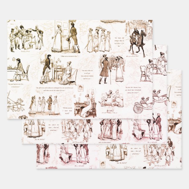 Pride and Prejudice Brown Beige Toile Quotes Wrapping Paper Sheet (Set)