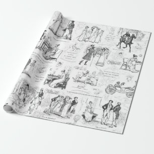 Pride and Prejudice Grey Toile Quotes Illustration Wrapping Paper