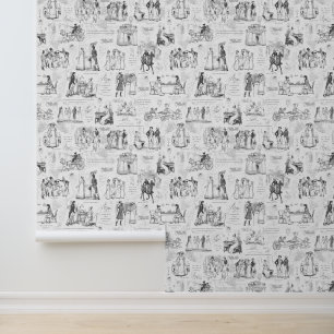 Pride and Prejudice Grey White Toile Wallpaper