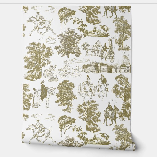 Pride and Prejudice Horses Gold Beige Toile Wallpaper (Unrolling)