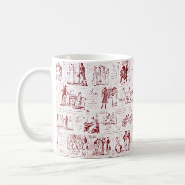 Pride and Prejudice Red Toile Quotes Coffee Mug (Left)