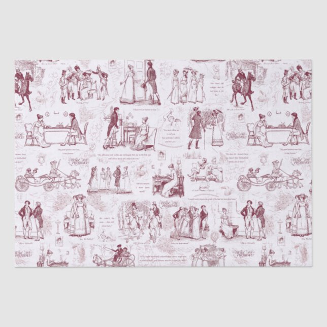 Pride and Prejudice Red Toile Quotes Illustration Tissue Paper (Front)