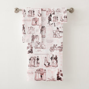 Pride and Prejudice Sangria Red Toile Quotes Bath Towel Set