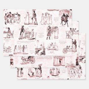 Pride and Prejudice Wine Red Pink Toile Quotes Wrapping Paper Sheet